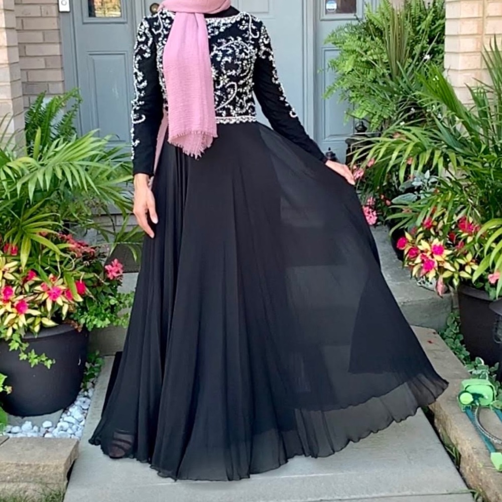 Long sleeve floor length beaded gown